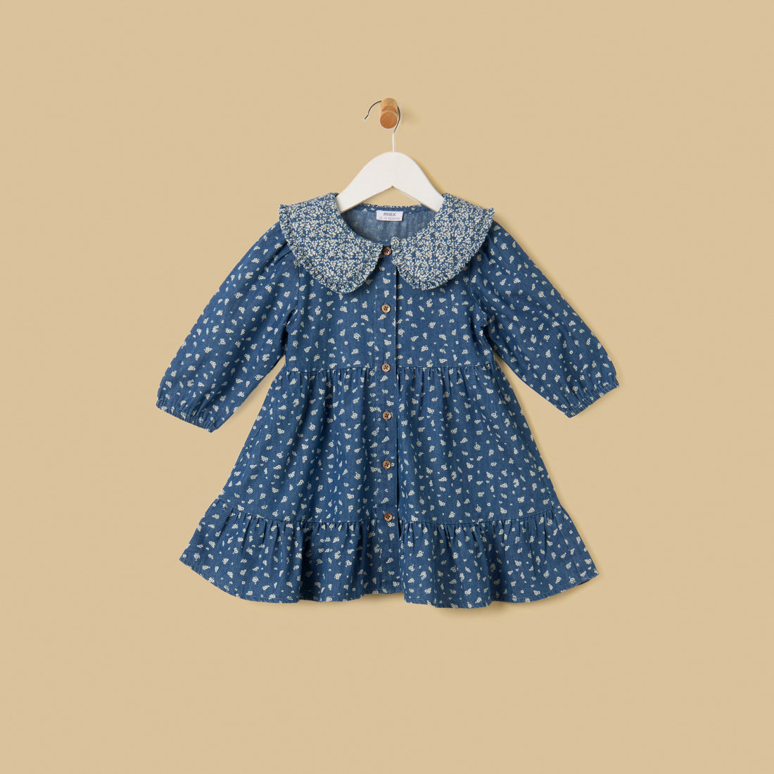 Printed Tiered Denim Dress with Quilted Collar - Blue / 12-18 mths