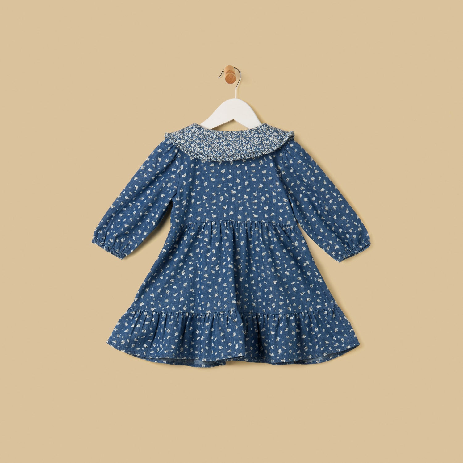 Printed Tiered Denim Dress with Quilted Collar