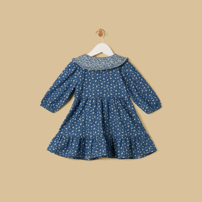 Printed Tiered Denim Dress with Quilted Collar