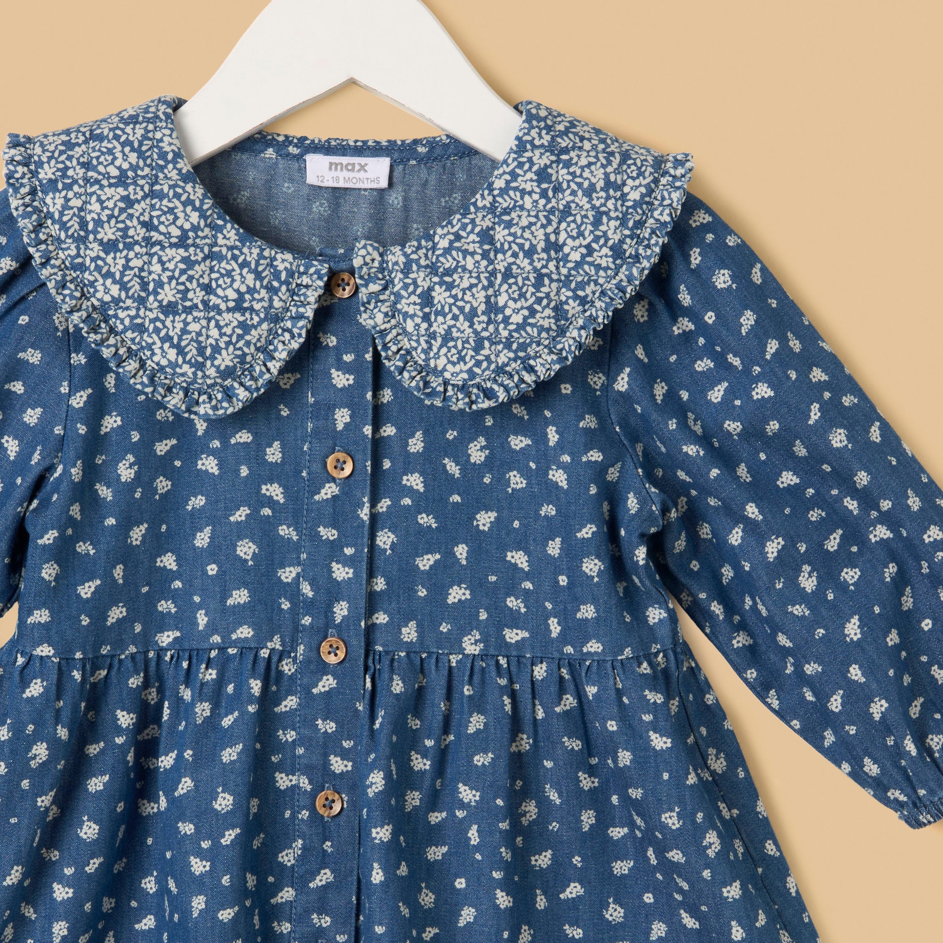 Printed Tiered Denim Dress with Quilted Collar