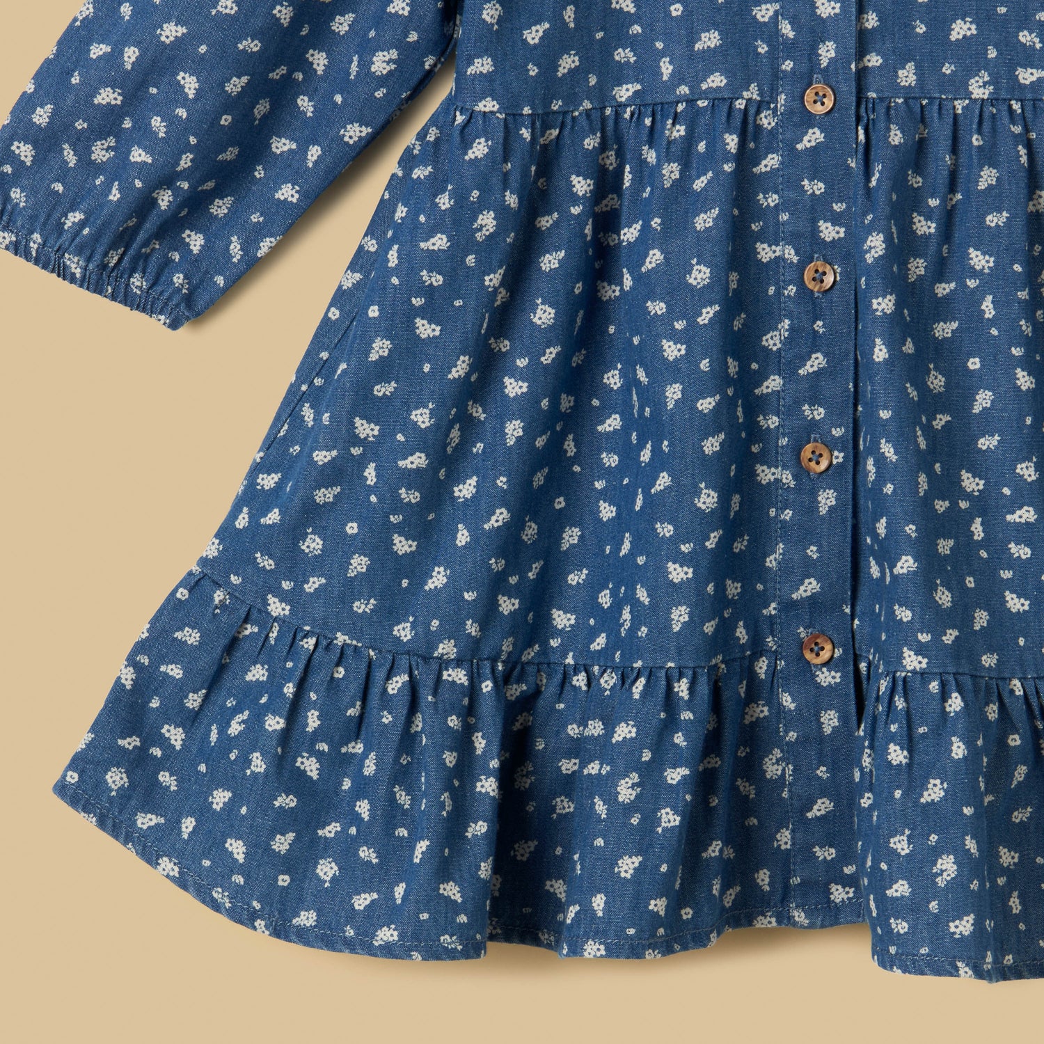 Printed Tiered Denim Dress with Quilted Collar