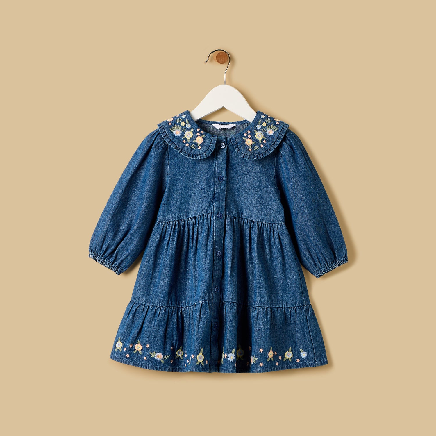 Embroidered Tiered Denim Dress - Blue / 12-18 mths
