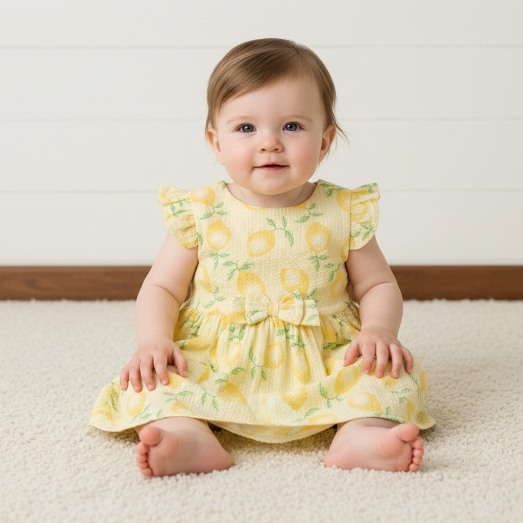 Lemon Print Sleeveless Cotton Dress - Yellow / 12-18 mths