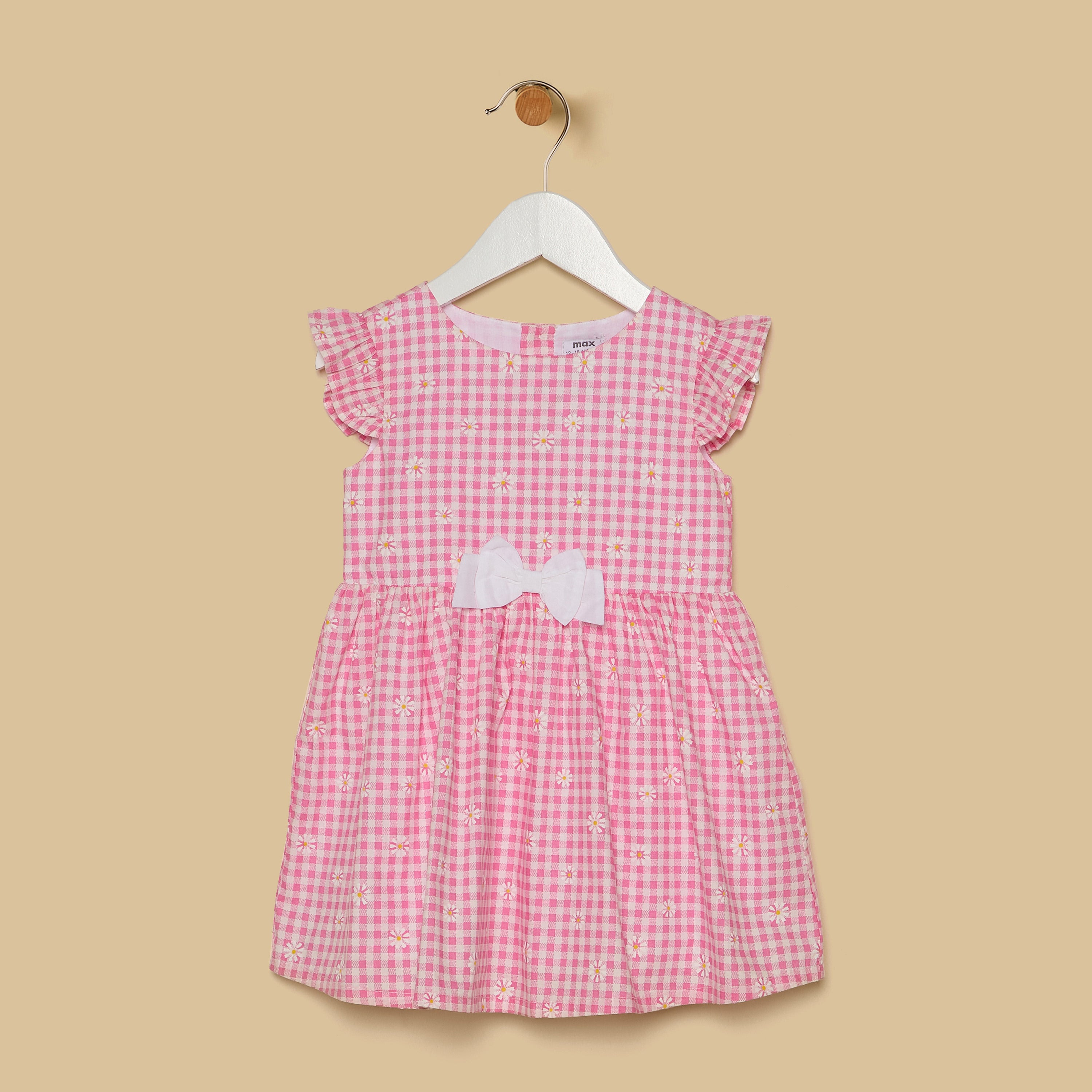 Checked Cotton A-line Dress with Bow