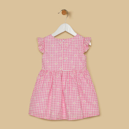 Checked Cotton A-line Dress with Bow