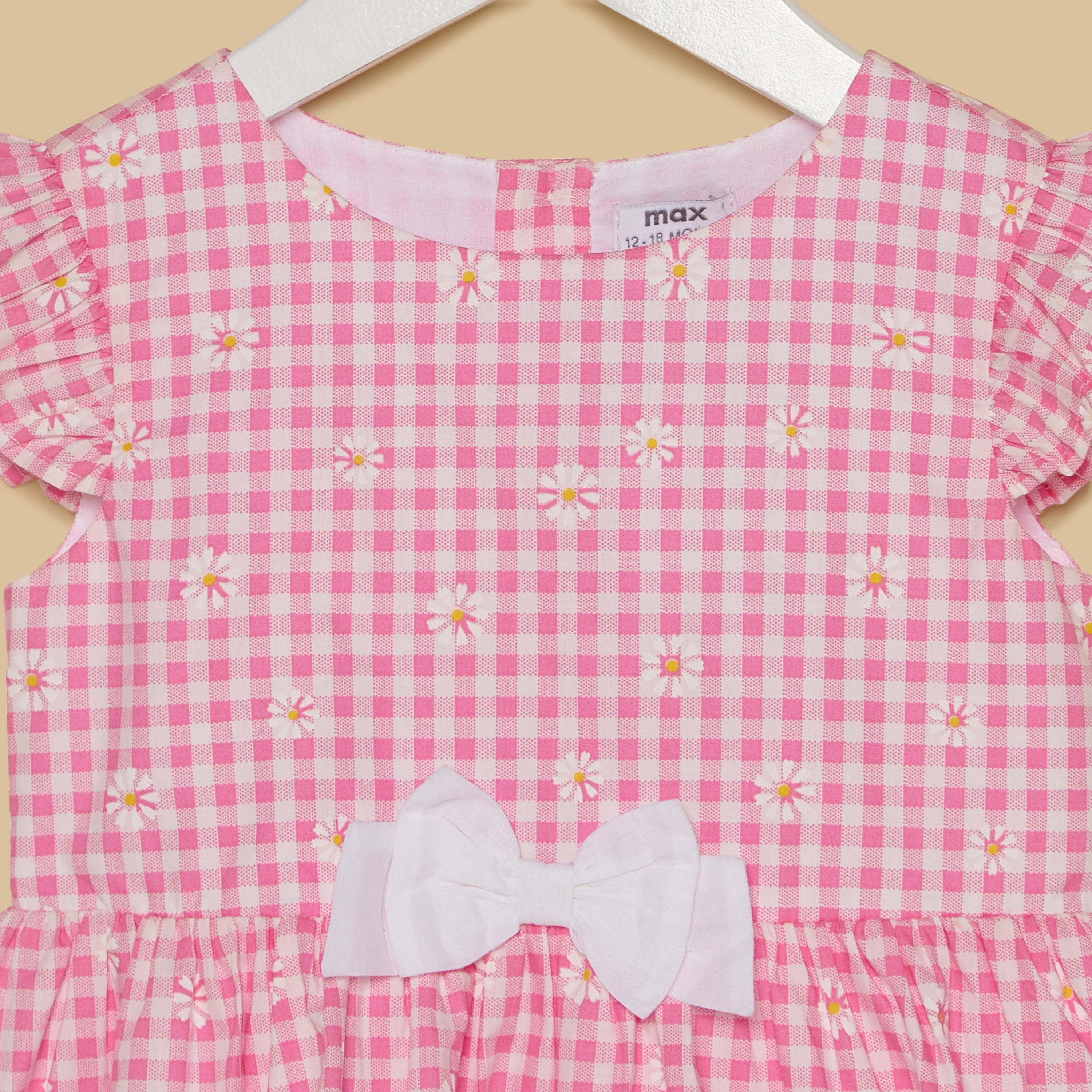 Checked Cotton A-line Dress with Bow