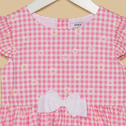 Checked Cotton A-line Dress with Bow