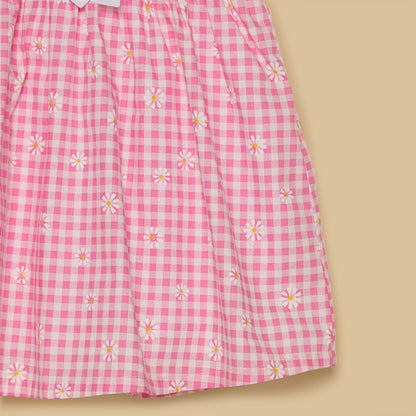 Checked Cotton A-line Dress with Bow