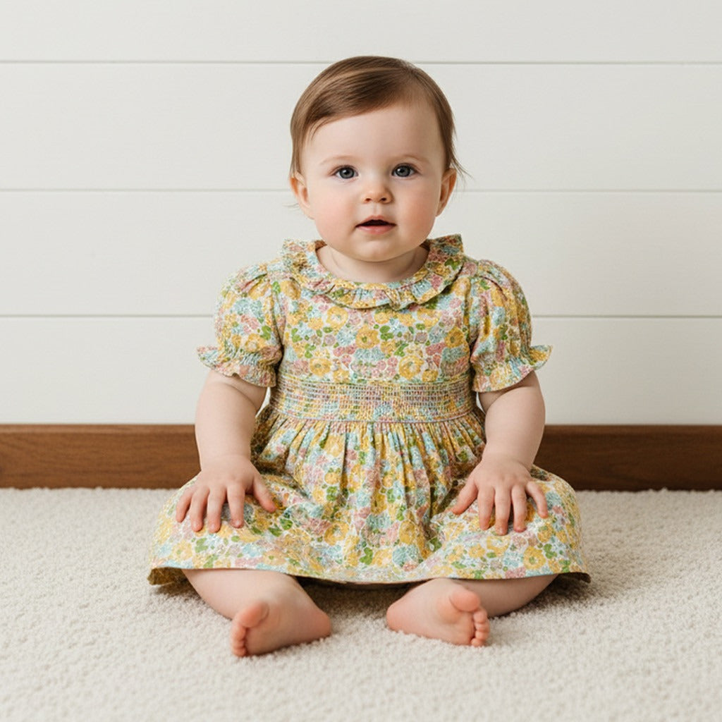 Floral Print Smocked Dress with Bloomers - Yellow / 12-18 mths
