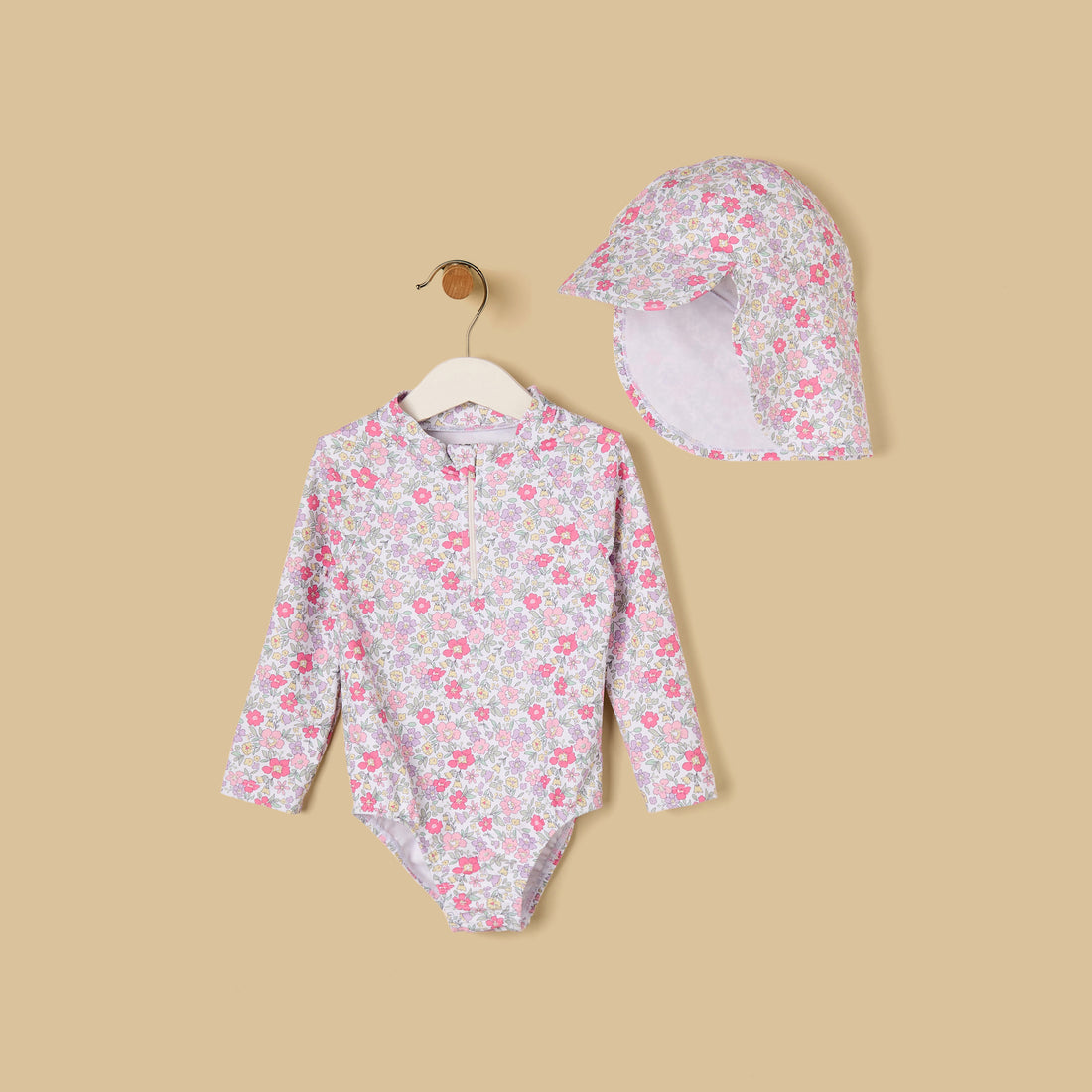 Floral Print Swimsuit with Hat - White / 12-18 mths