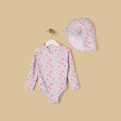 Floral Print Swimsuit with Hat - White / 12-18 mths