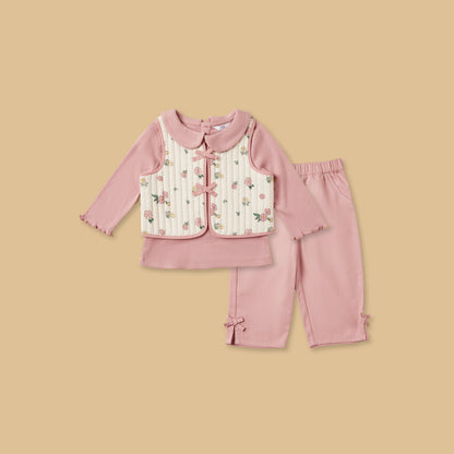 Ribbed Cotton T-shirt with Pants and Printed Jacket