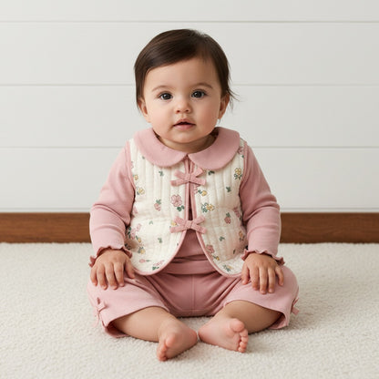 Ribbed Cotton T-shirt with Pants and Printed Jacket - Pink / 12-18 mths