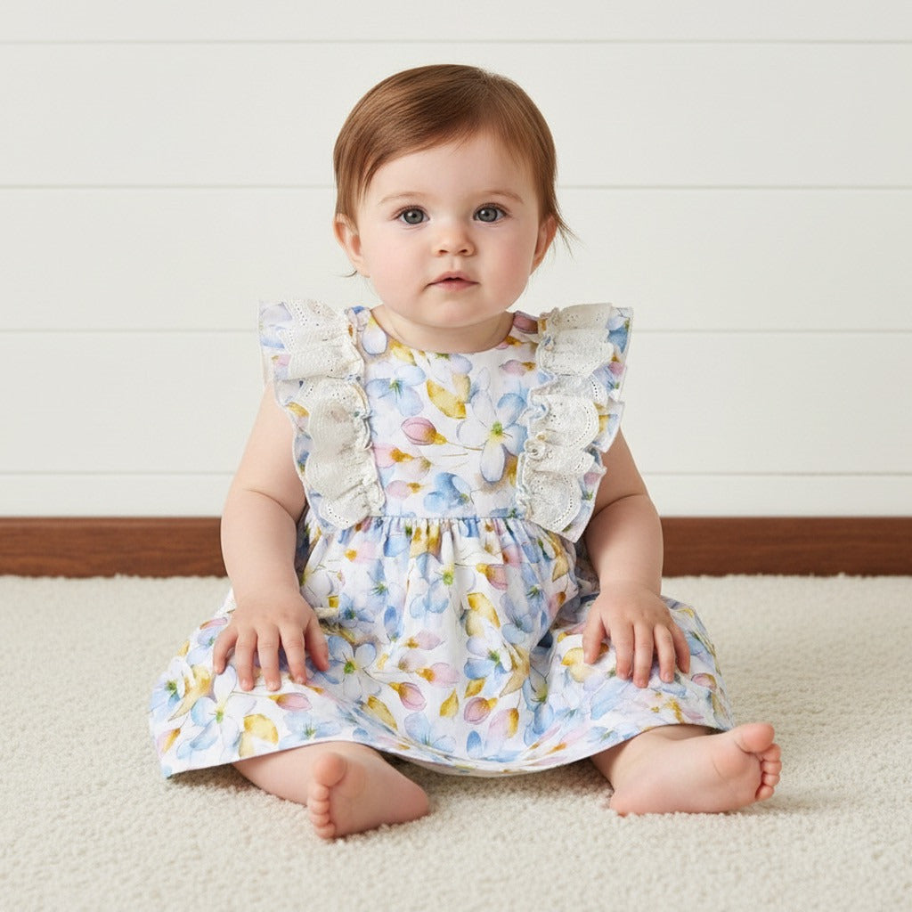 Floral Print Lace Detail Sleeveless Dress - White / 12-18 mths
