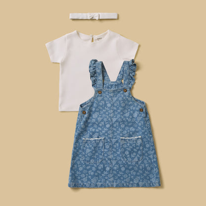 Printed Denim Pinafore with T-shirt and Headband Set