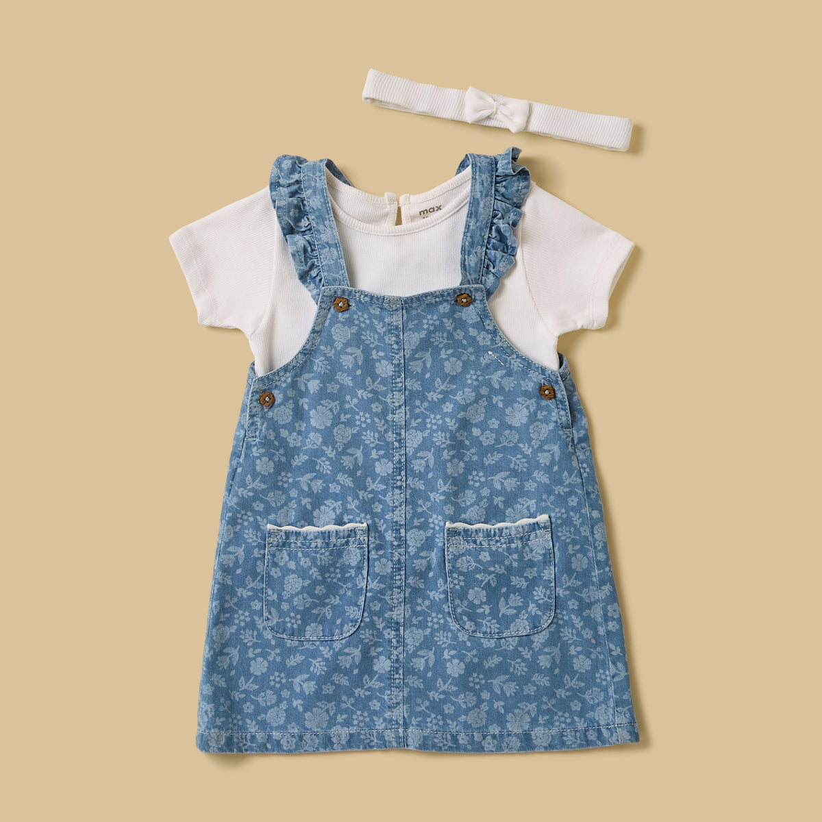Printed Denim Pinafore with T-shirt and Headband Set