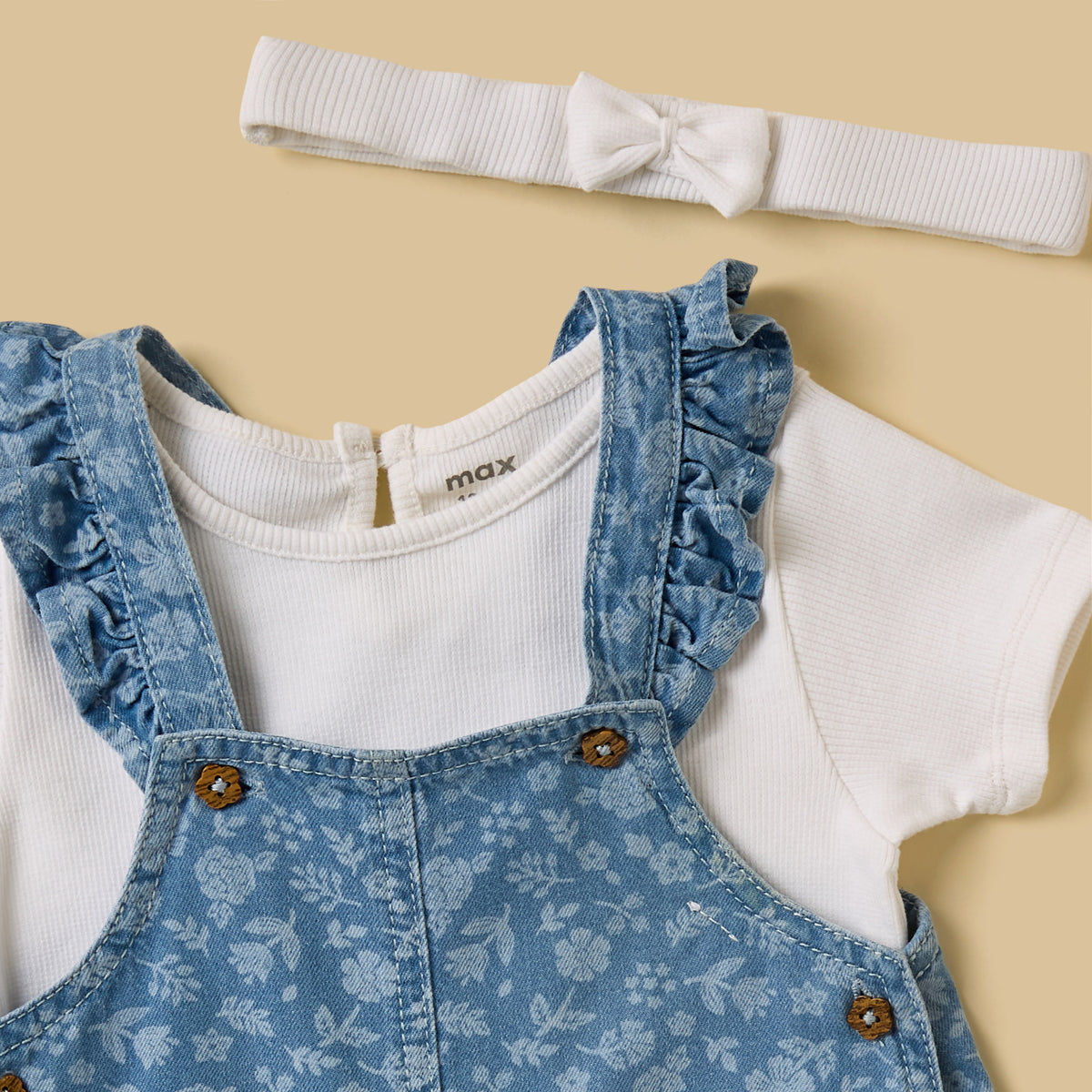 Printed Denim Pinafore with T-shirt and Headband Set