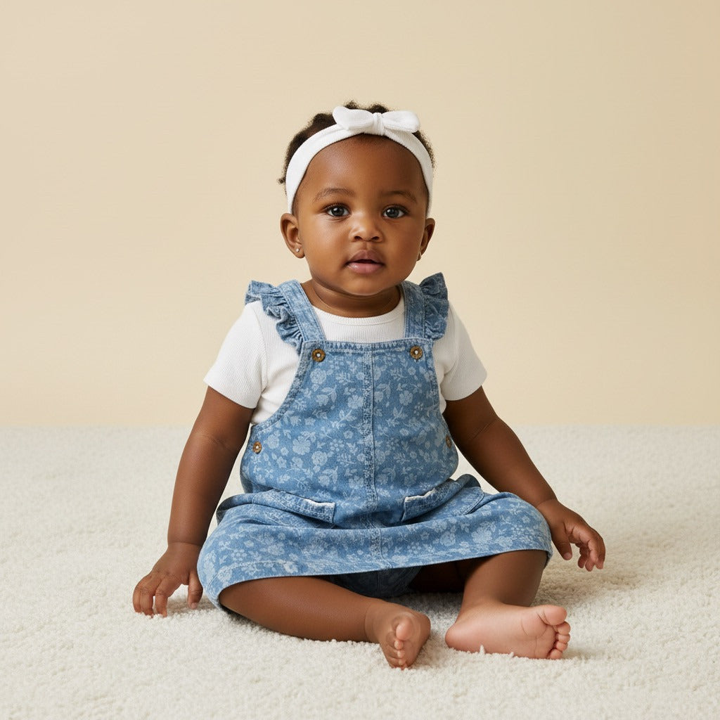 Printed Denim Pinafore with T-shirt and Headband Set - Blue / 12-18 mths