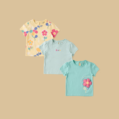 Pack of 3 - Floral Print Cotton T-shirt - Multicolour / 9-12 mths