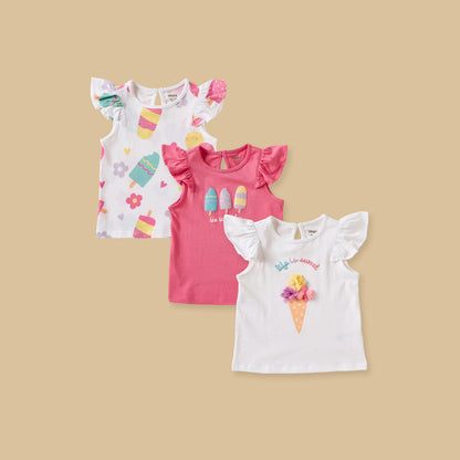 Pack of 3 - Ice Cream Print Cap Sleeves Top - Multicolour / 12-18 mths