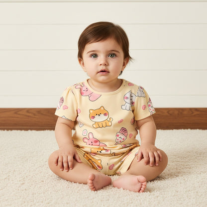 Cat Print Cotton Shorts Set - Yellow / 12-18 mths