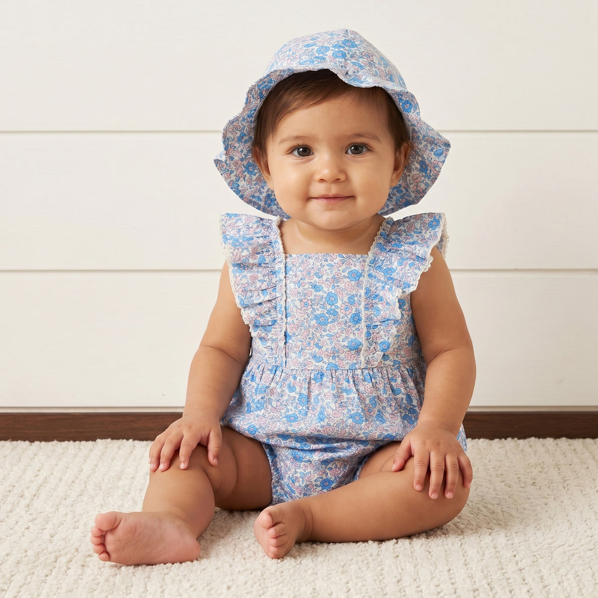 Floral Print Romper with Cap - Blue / 12-18 mths