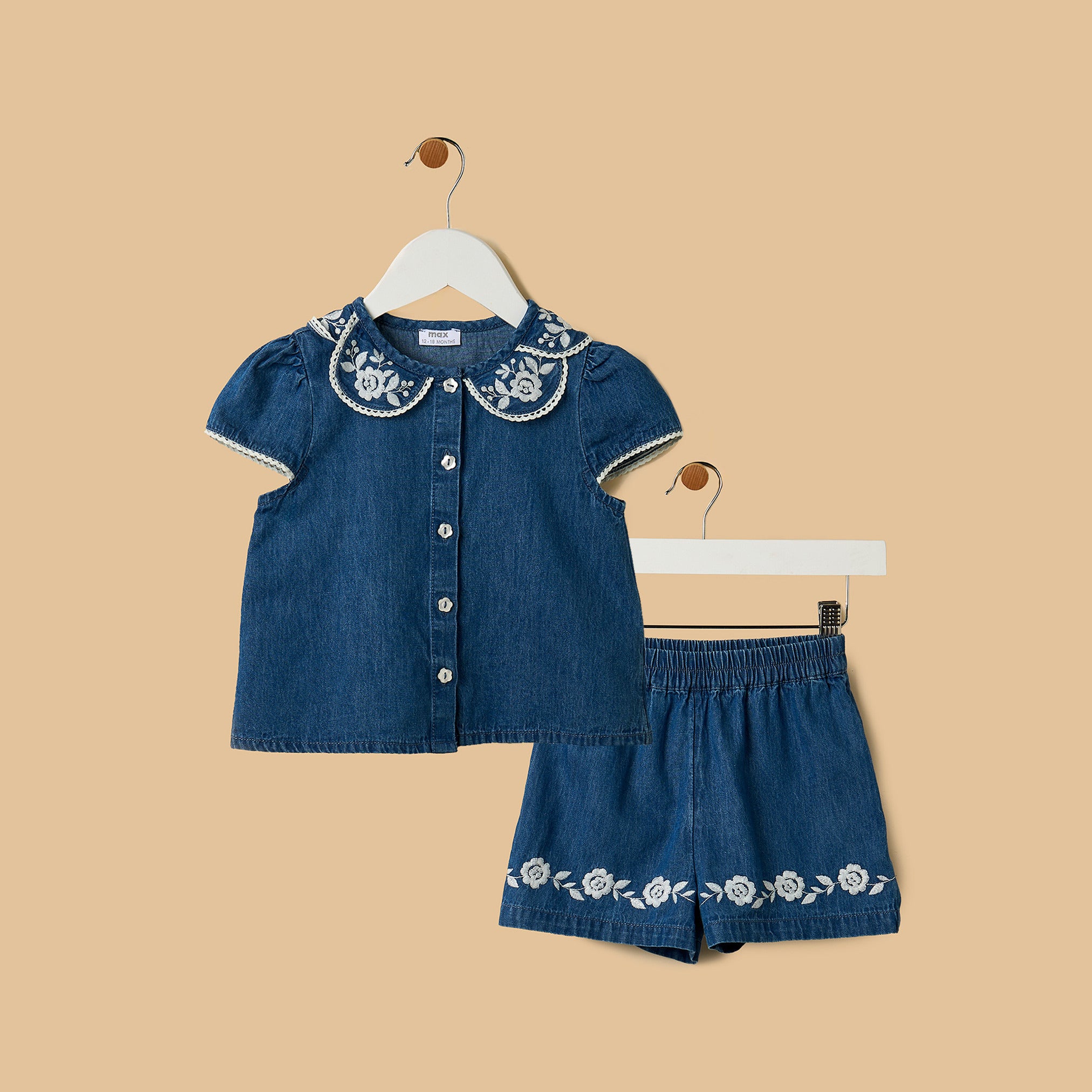 Floral Embroidered Denim Shirt and Shorts Set