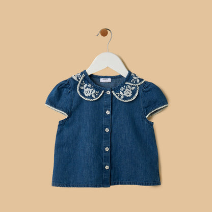 Floral Embroidered Denim Shirt and Shorts Set