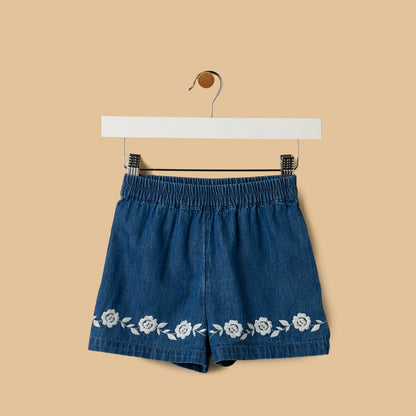 Floral Embroidered Denim Shirt and Shorts Set