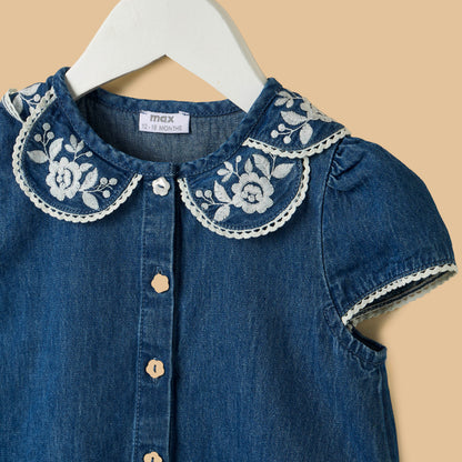 Floral Embroidered Denim Shirt and Shorts Set