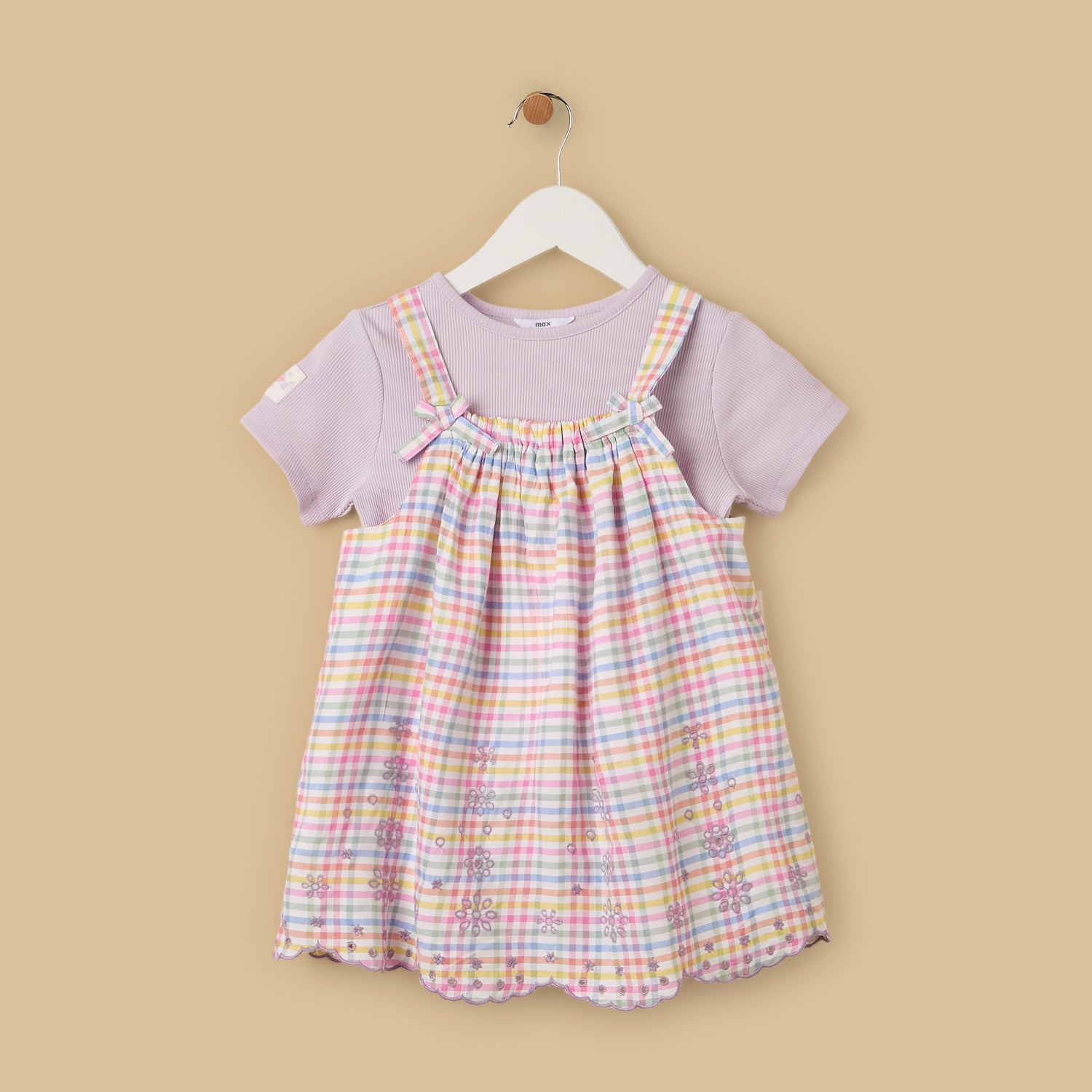 Checked Pinafore and Ribbed T-shirt Set