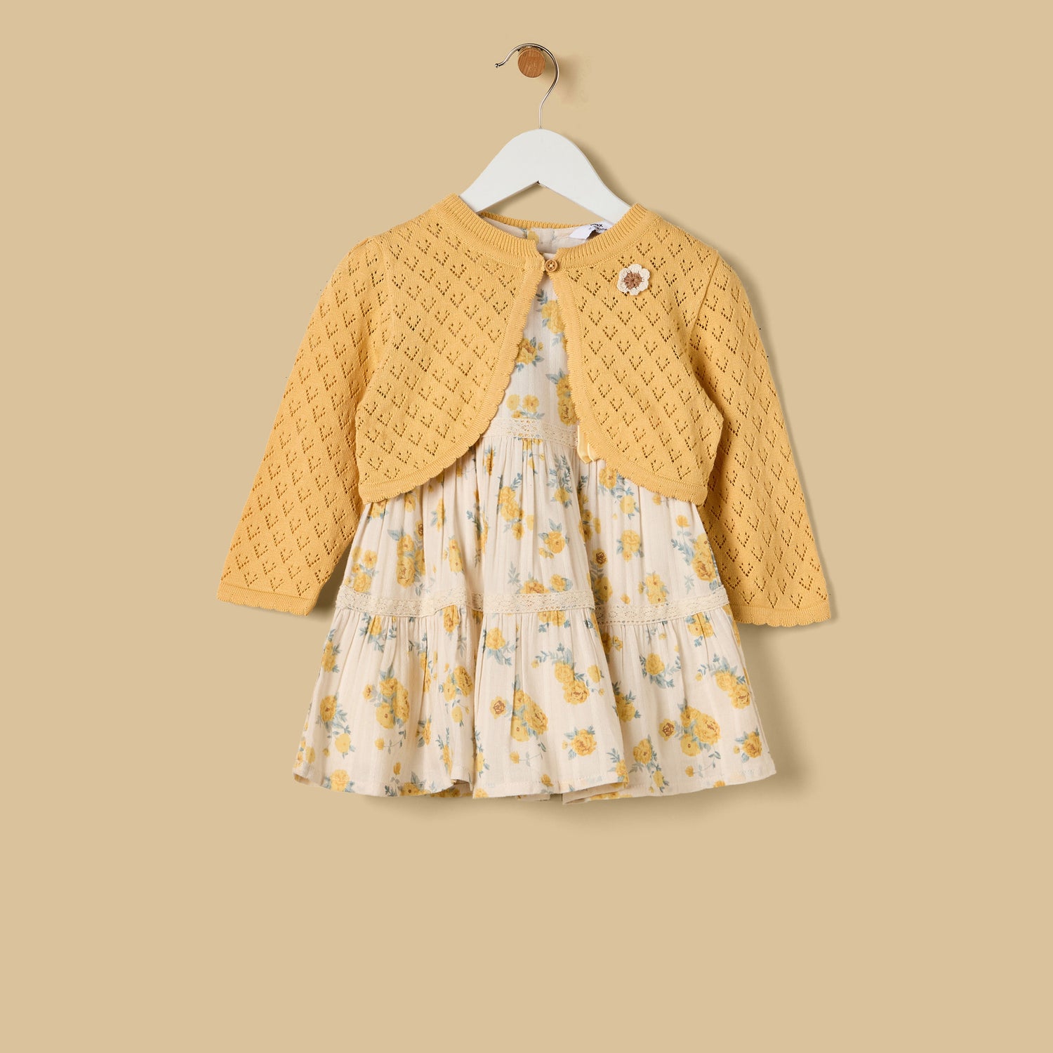 Floral Print Cotton Dress with Shrug - Yellow / 12-18 mths