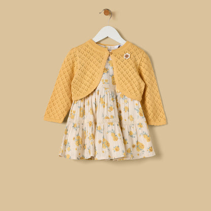 Floral Print Cotton Dress with Shrug - Yellow / 12-18 mths