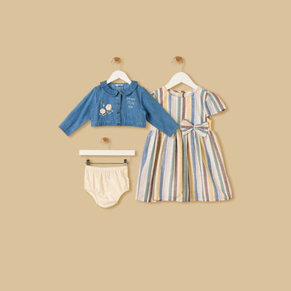 Striped Cotton Dress with Denim Jacket and Bloomers - Cream / 12-18 mths