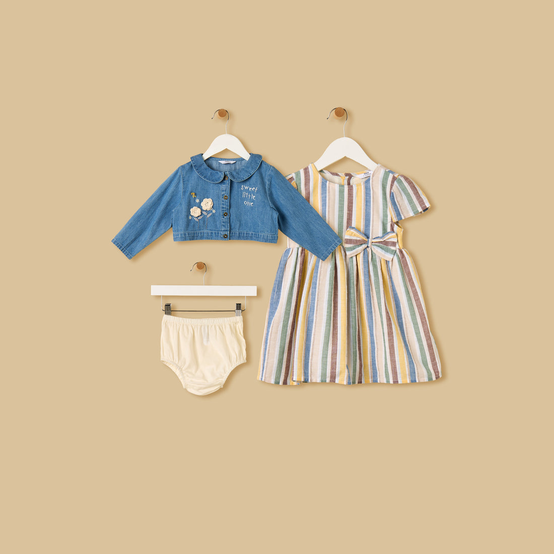 Striped Cotton Dress with Denim Jacket and Bloomers