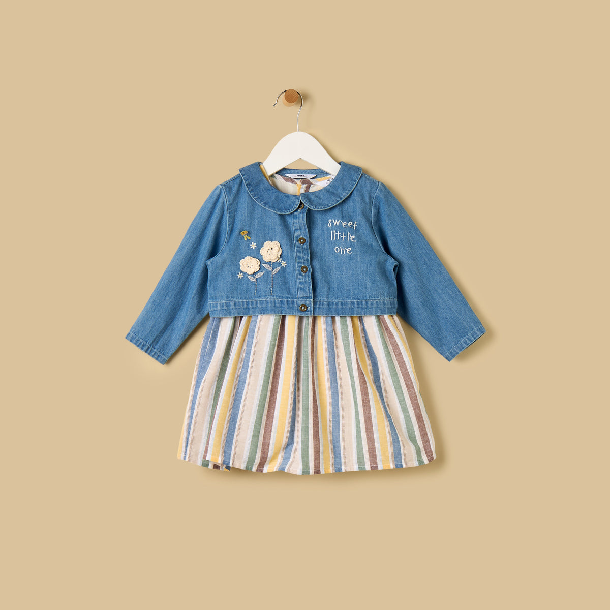 Striped Cotton Dress with Denim Jacket and Bloomers