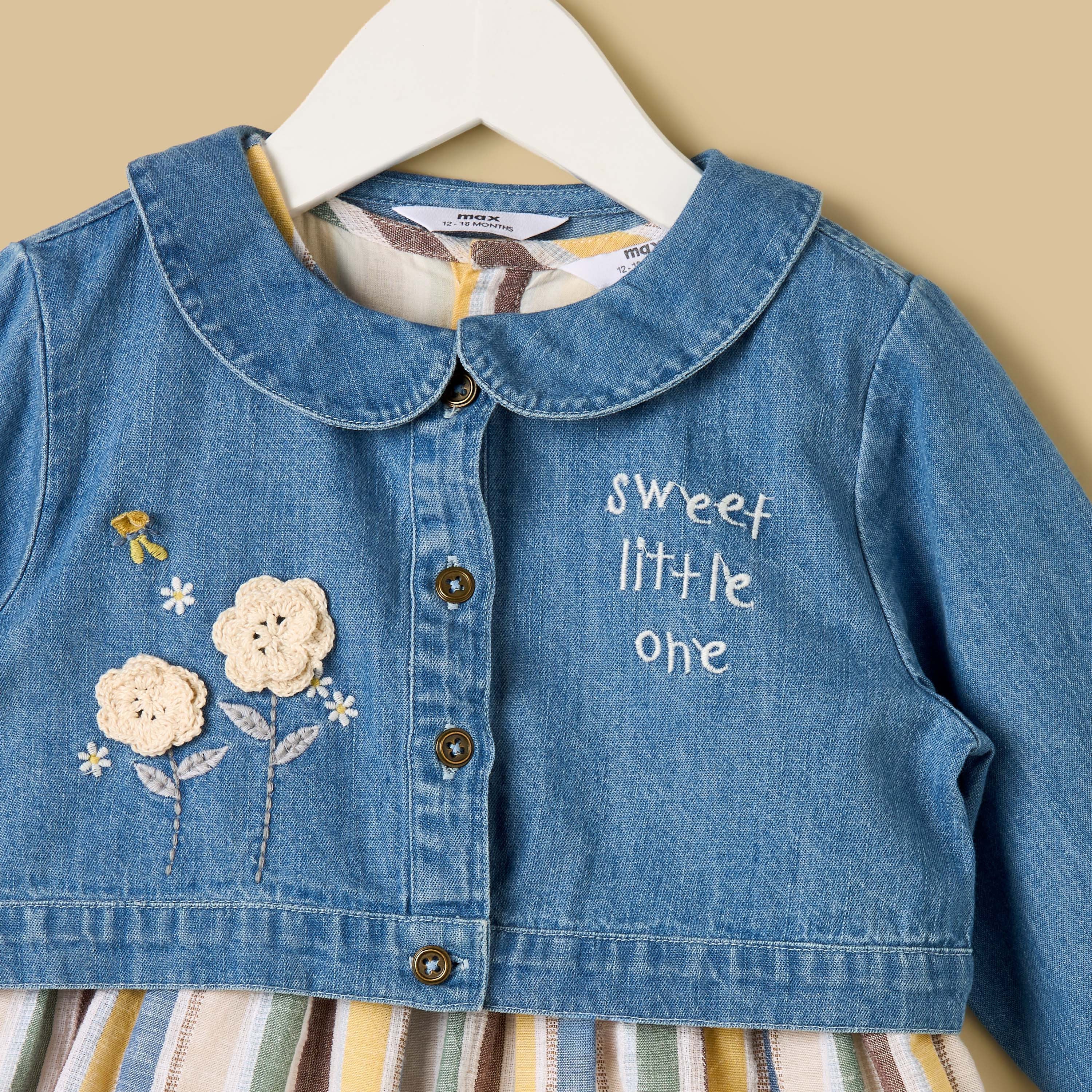 Striped Cotton Dress with Denim Jacket and Bloomers