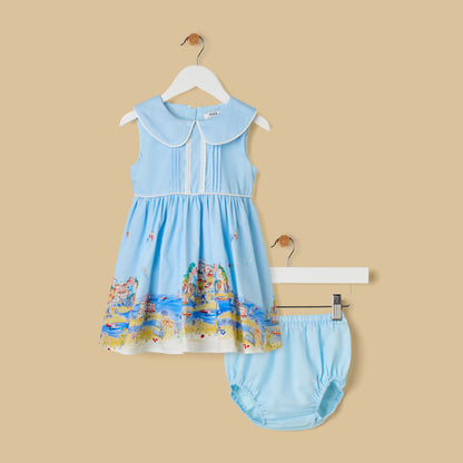 Graphic Print Sleeveless Dress with Bloomers - Blue / 12-18 mths