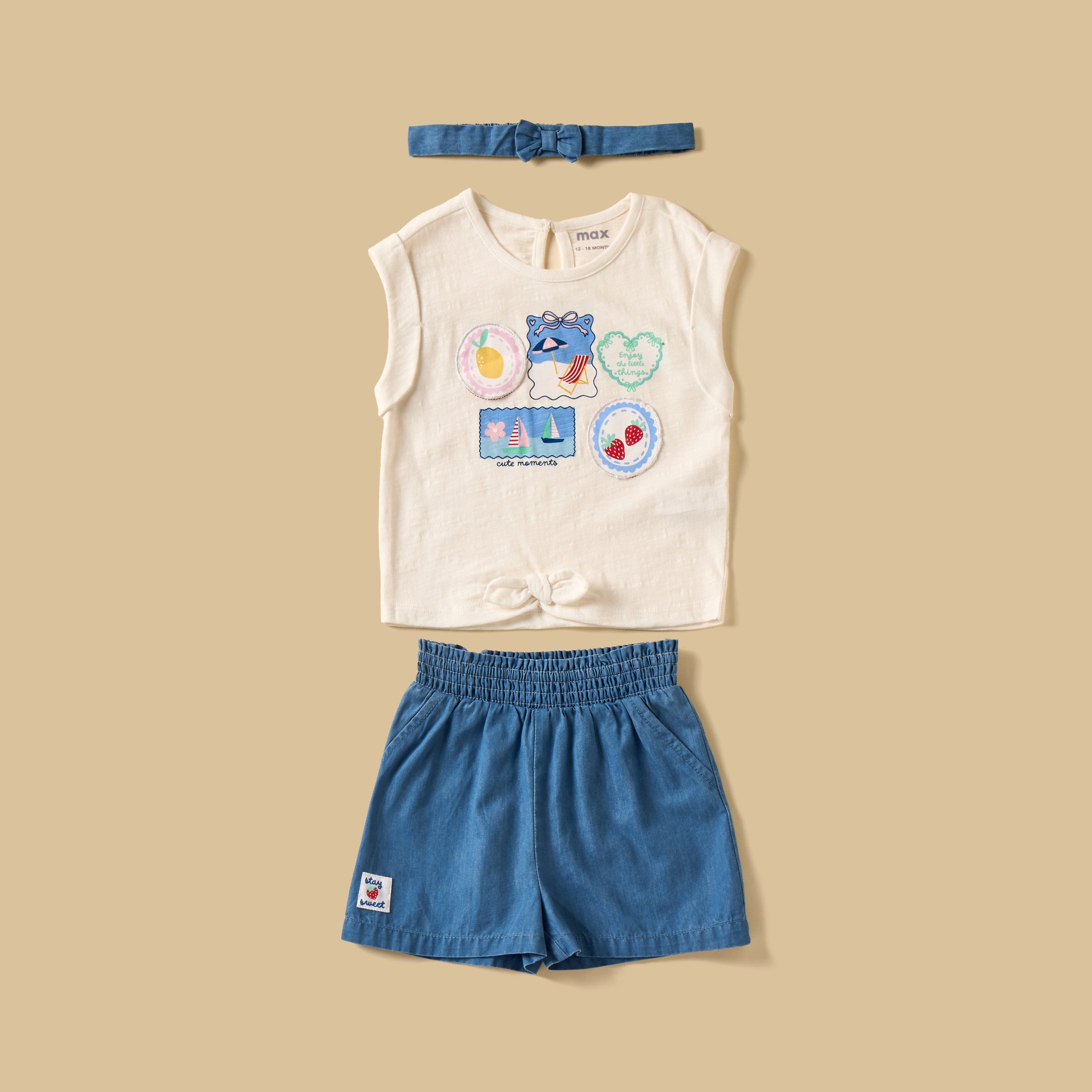 Printed Sleeveless Top with Denim Shorts and Headband
