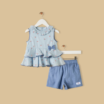 Floral Print Sleeveless Tiered Top and Shorts Set - Blue / 12-18 mths