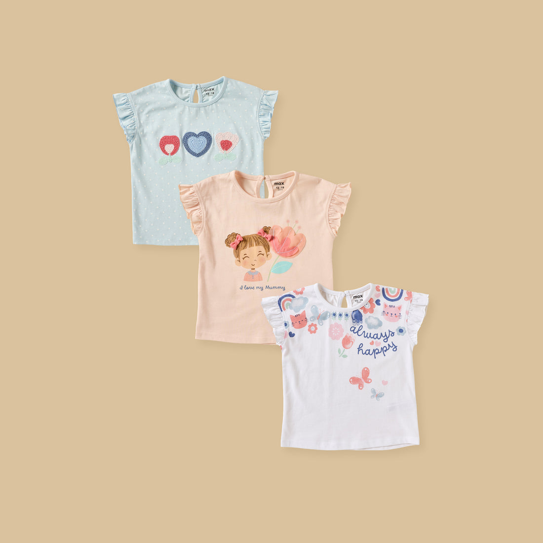 Pack of 3 - Printed Ruffle Sleeves Top - Multicolour / 12-18 mths