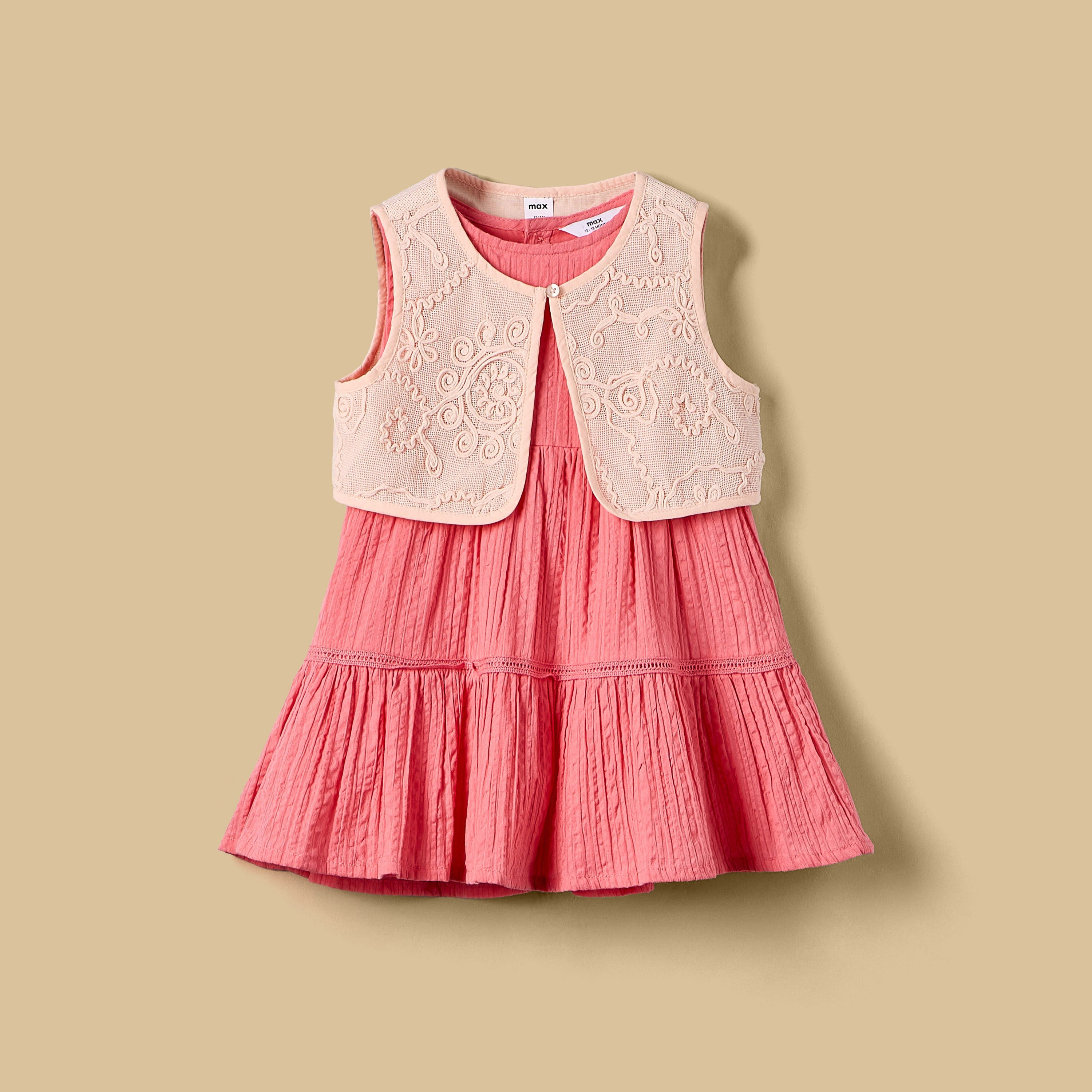 Textured Sleeveless Tiered Dress with Shrug