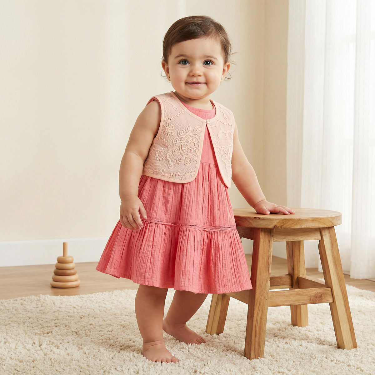 Textured Sleeveless Tiered Dress with Shrug - Pink / 12-18 mths