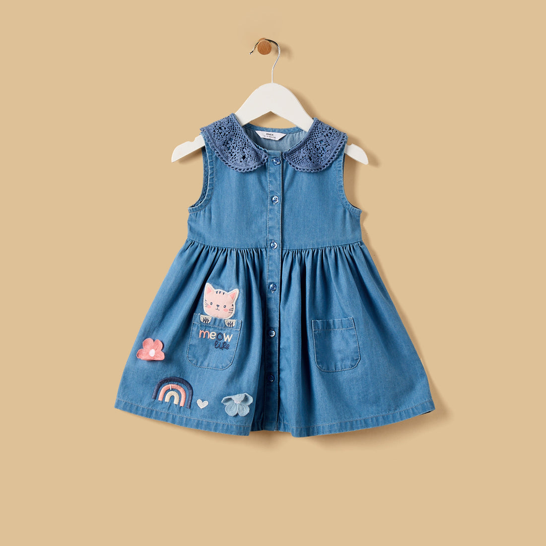 Applique Detail Sleeveless Denim Dress - Blue / 12-18 mths