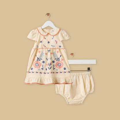 Floral Embroidered Dress with Bloomers - Cream / 18-24 mths