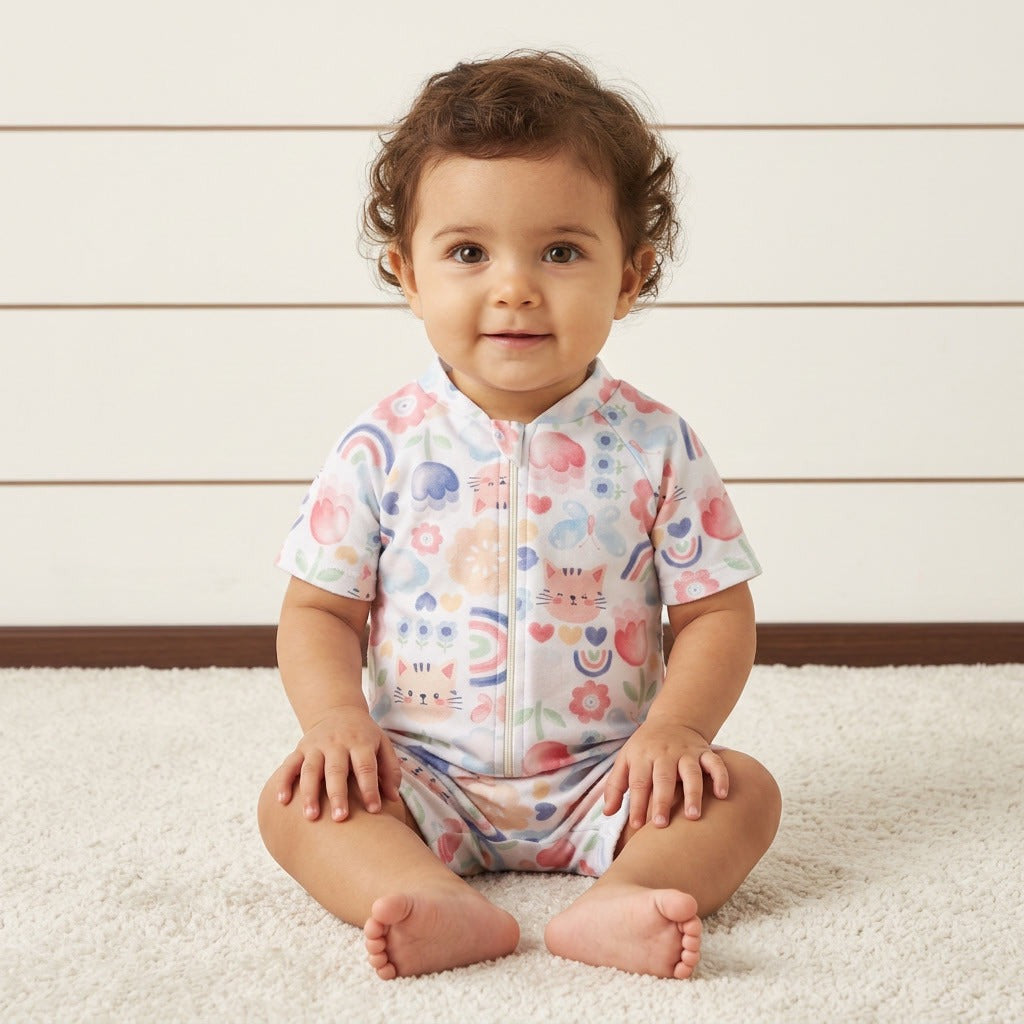 Printed Swimsuit with Hat - White / 12-18 mths
