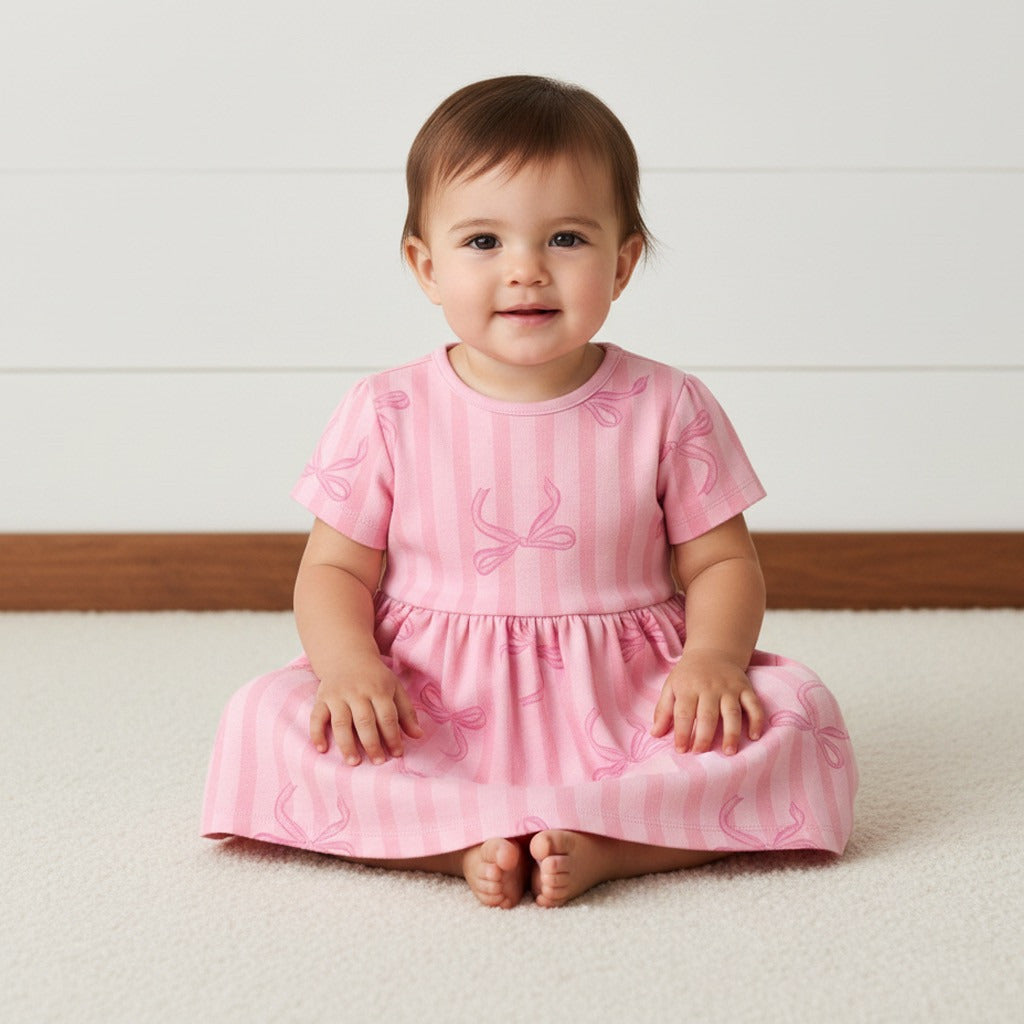 Bow Print Pique Dress - Pink / 12-18 mths