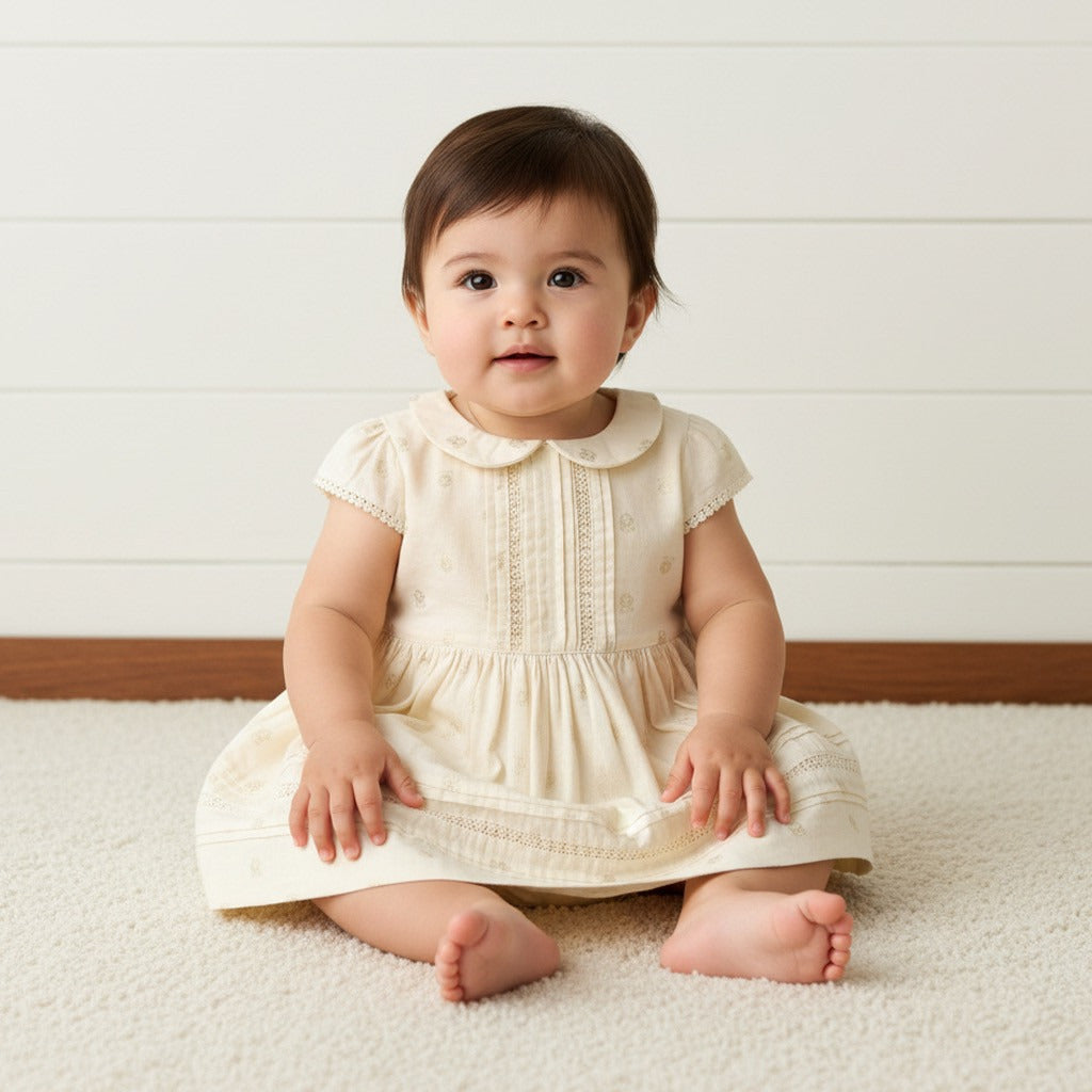 Foil Print Linen Blend Dress with Bloomers - Cream / 12-18 mths