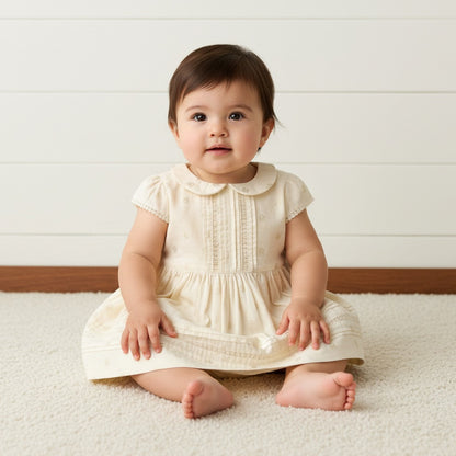 Foil Print Linen Blend Dress with Bloomers - Cream / 12-18 mths