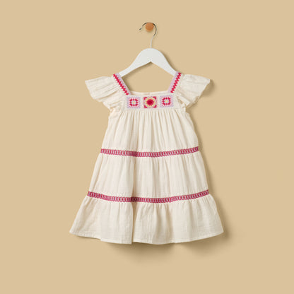 Crochet Yoke Tiered Double Gauze Dress